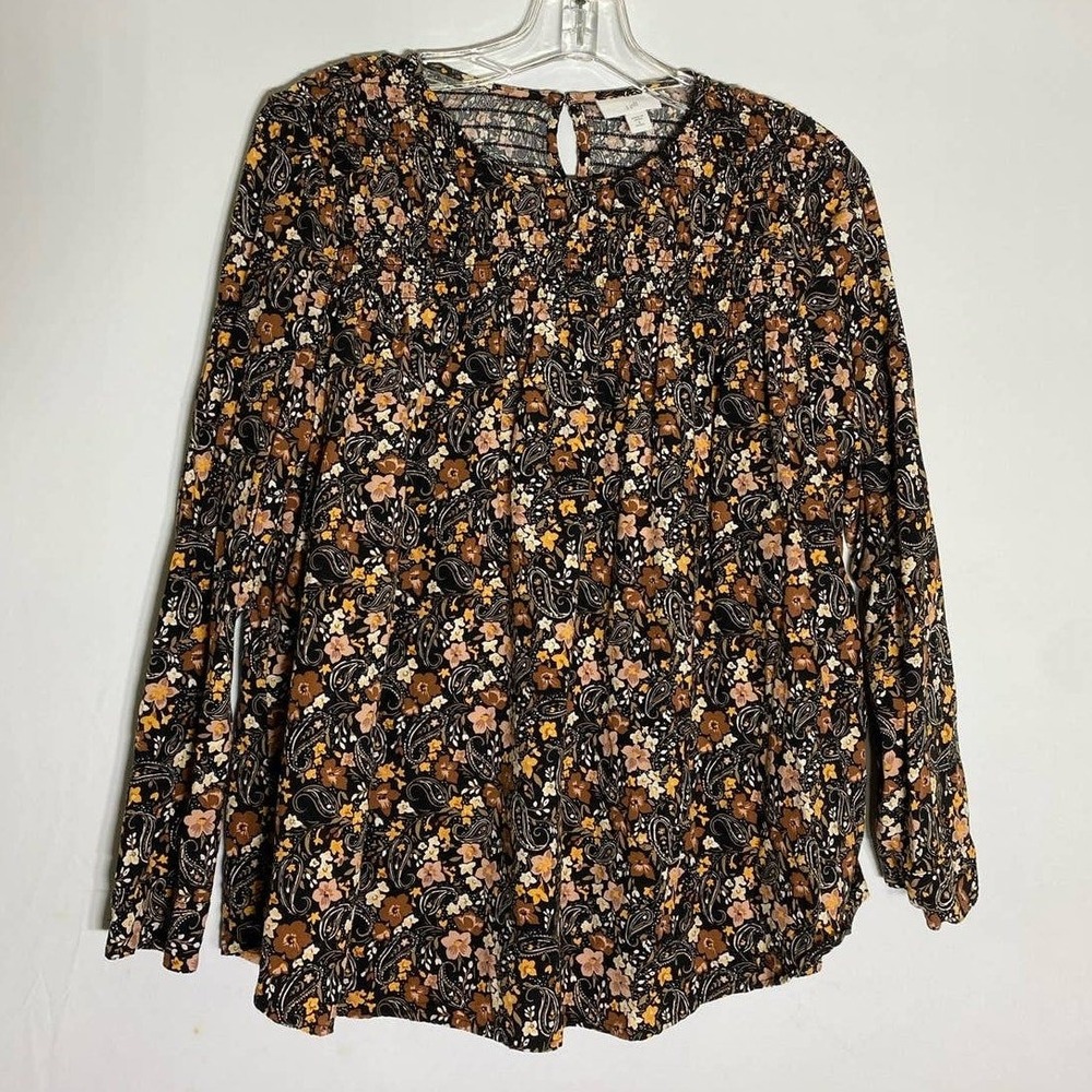 J. Jill Womens Floral Paisley Smocked Long Sleeve Blouse Black Brown Petite S - Picture 4 of 12